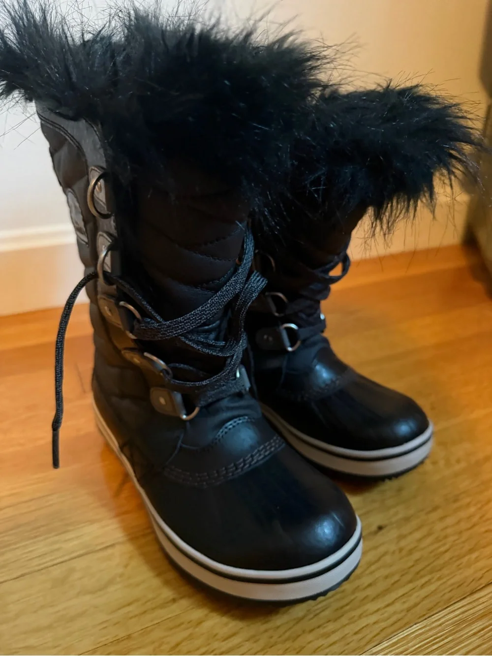Sorel Girls Black Faux Fur Lace-Up Winter Boots
